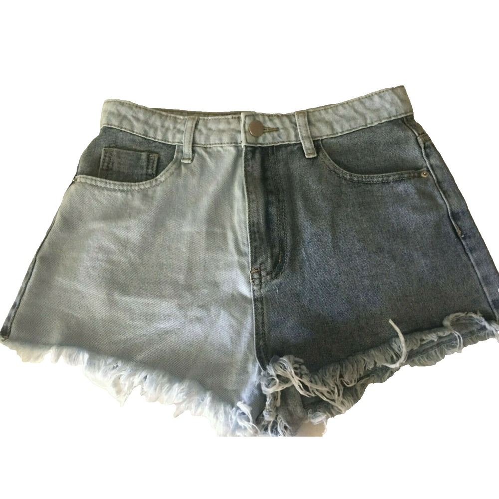 Shein Shorts Womens Medium Blue Denim High Rise Colorblock Frayed Hem‎ Raw Cut